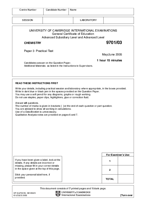 Chemistry 9701/03 May June 2005 | Cambridge AS Level Past Papers With Mark Scheme