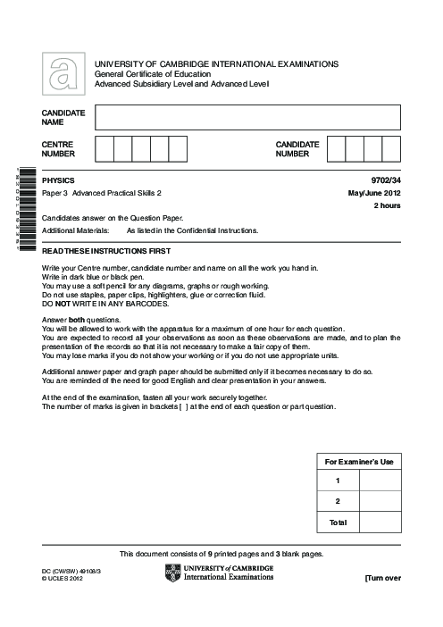 Paper 3, Variant 5, May June 2012 | Cambridge AS - A Level Physics (9702) Past Papers