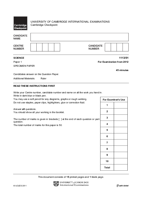 SCIENCE 1113,01 Specimen Paper 2012