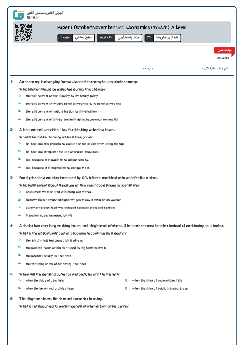 Paper 1 October/November 2022 Economics (9708/11) A Level