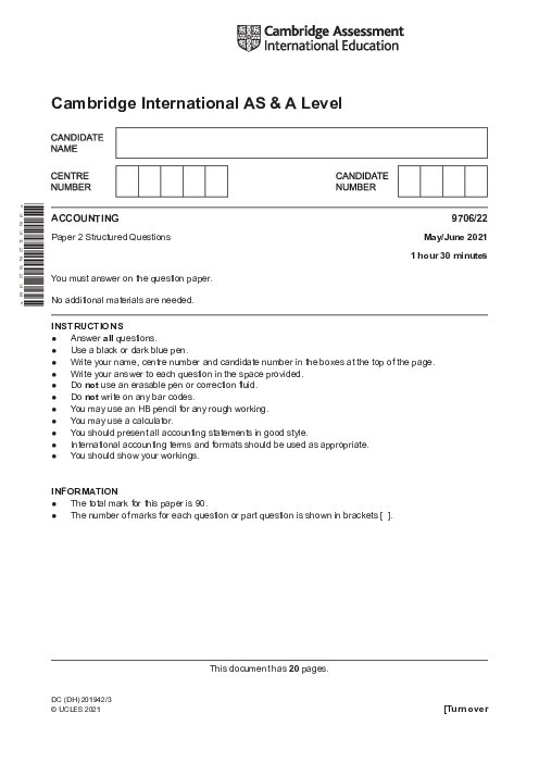 Accounting 9706/12 May June 2021 | Cambridge AS Level Past Papers With Mark Scheme