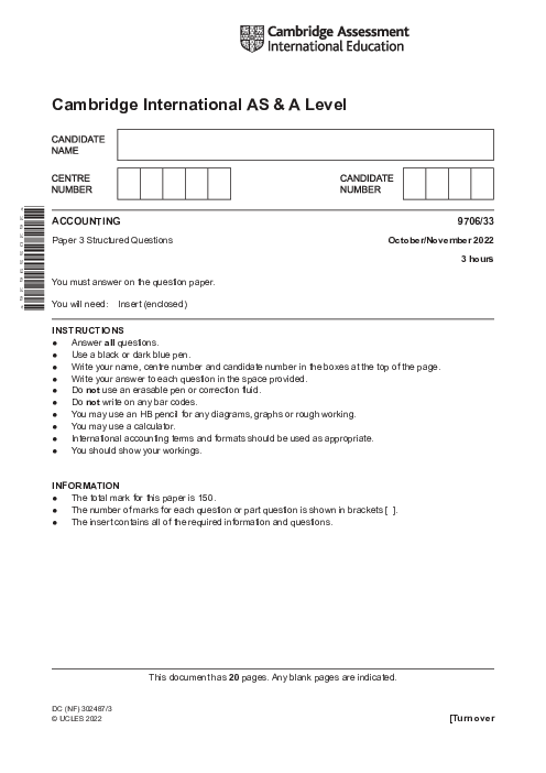 Accounting 9706/33 Oct Nov 2022 | Cambridge AS Level Past Papers With Mark Scheme