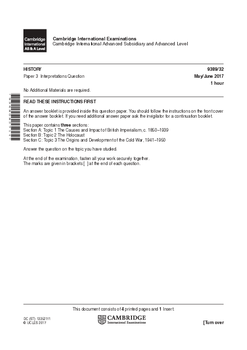  History 9389/13 May June 2017 | Cambridge AS & A Level Past Papers With Mark Scheme
