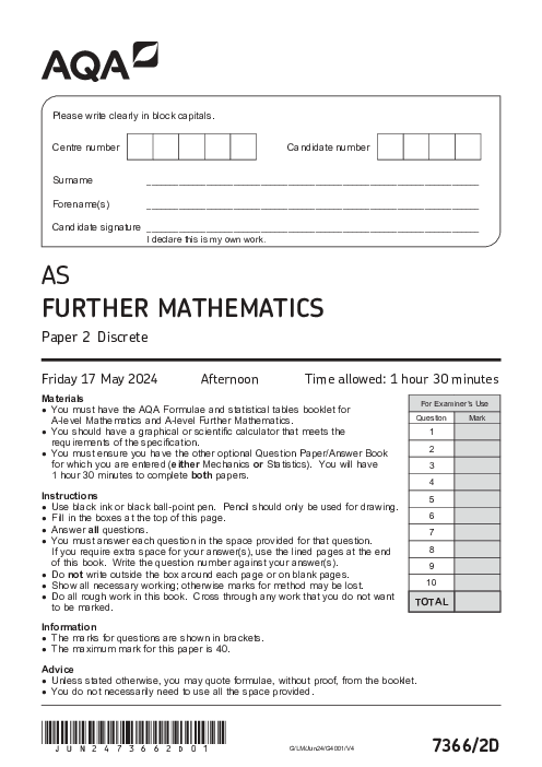 Further Mathematics 7366/2D June 2024