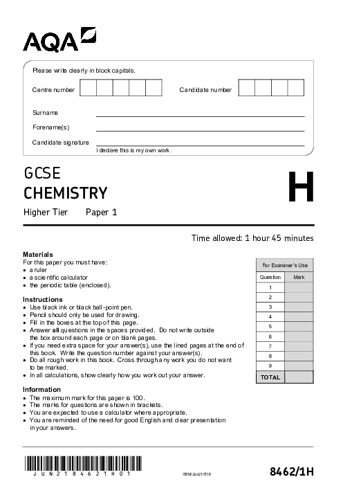 Chemistry 8462/1H June 2021