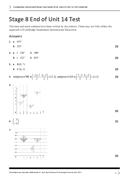 Year 8 Mathematics End of Unit 14 Test - Answers Included