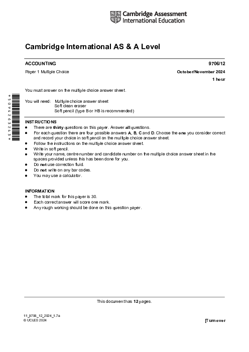 Accounting 9706,12 Oct Nov 2024 | Cambridge AS - A Level Past Papers With Mark Scheme