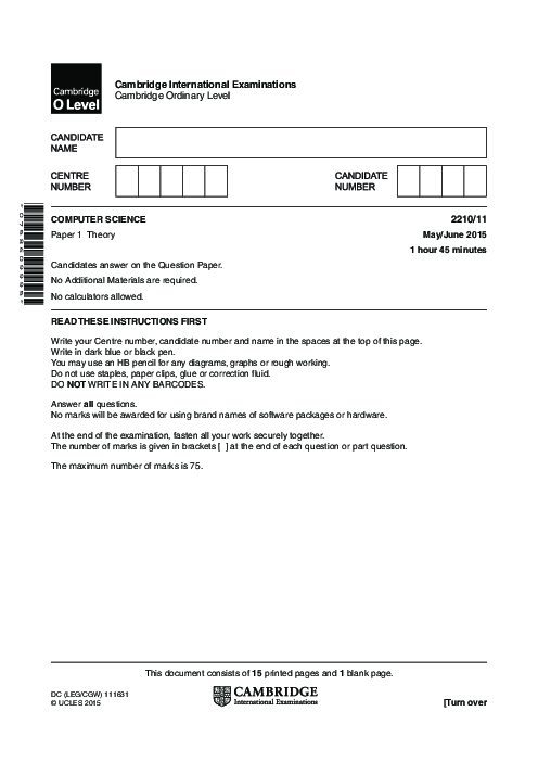  Computer Science 2210/11 May June 2015 | Cambridge O-Level Past Papers With Mark Scheme