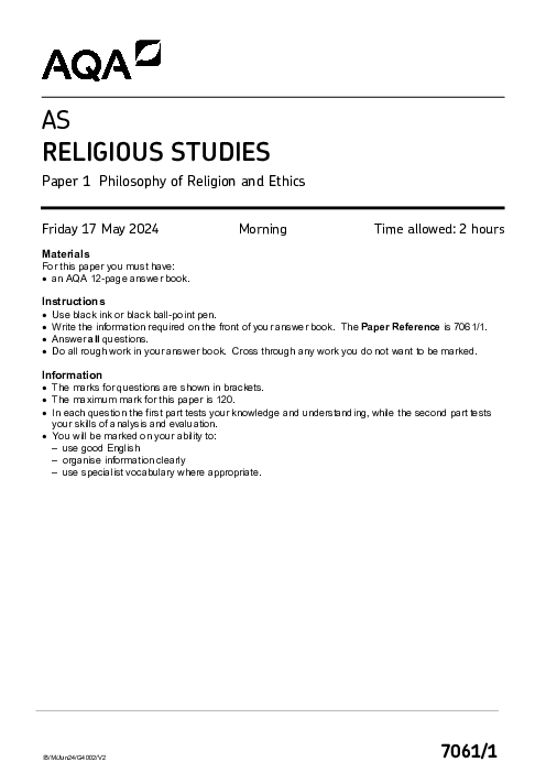 Religious Studies 7061/1 June 2024