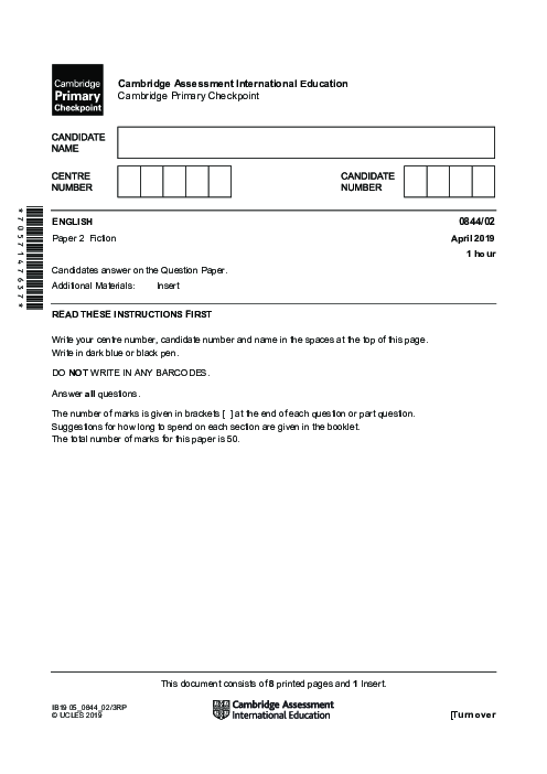 ENGLISH 0844,02 April 2019 | Cambridge Primary Checkpoint Past Papers and Mark Schemes