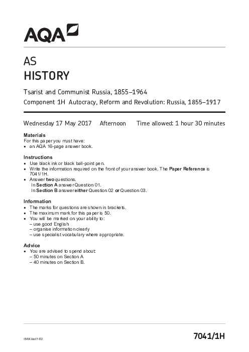 History 7041 Paper 1H June 2017, AQA AS-Level Past Papers with Mark Schemes