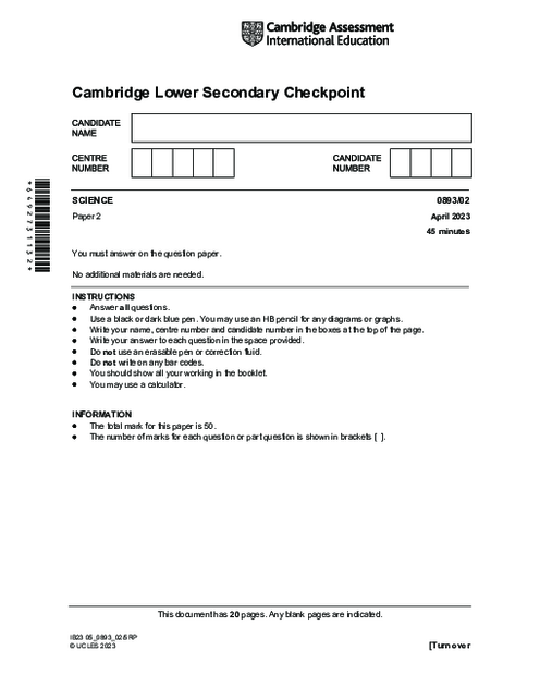 SCIENCE 0893,02 April 2023 | Cambridge Lower secondary Checkpoint Past Papers with Mark Schemes