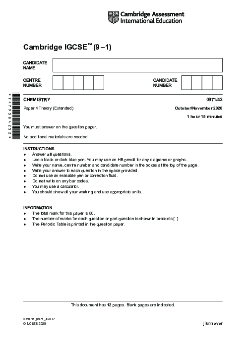 Paper 1, Variant 2, Oct Nov 2020 | Cambridge 9–1 GCSE  Chemistry (0971) Past Papers