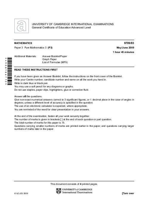 Mathematics 9709/03 May June 2009 | Cambridge AS Level Past Papers With Mark Scheme