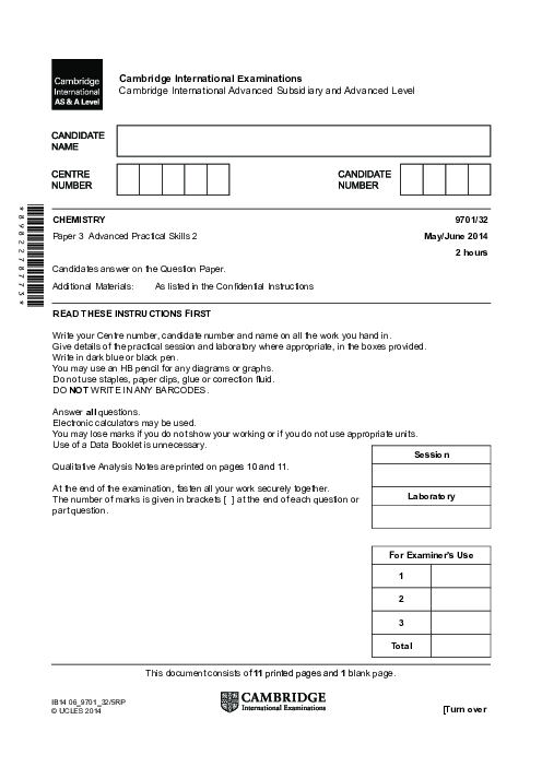 Chemistry 9701/22 May June 2014 | Cambridge AS Level Past Papers With Mark Scheme