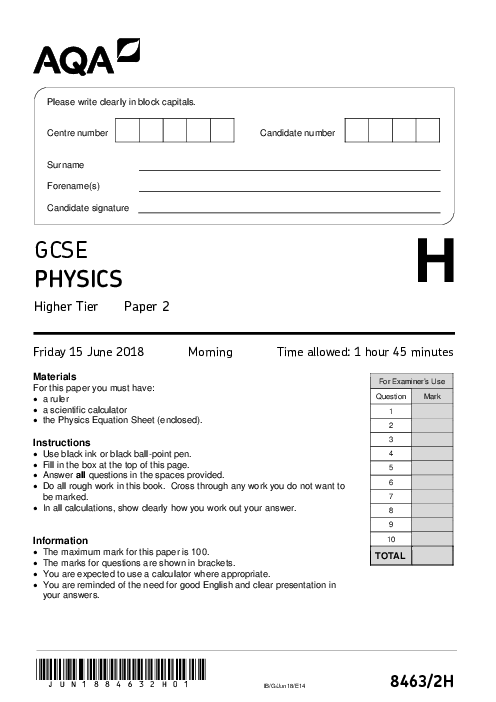 Physics 8463/2H June 2018