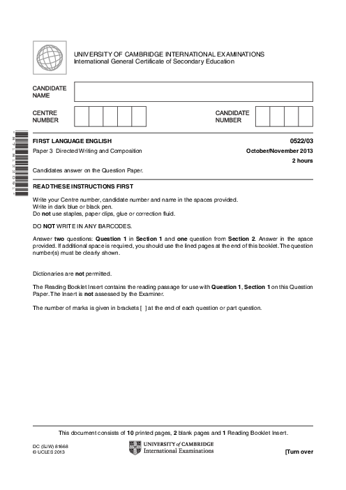 English-First Language (UK) 0522/03 Oct Nov 2013