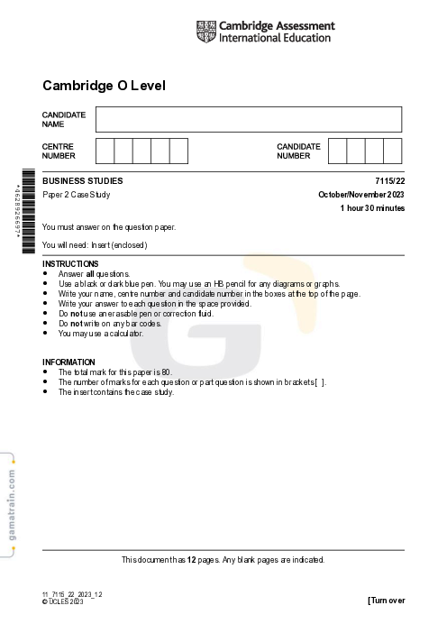Business Studies 7115/22 Oct Nov 2023