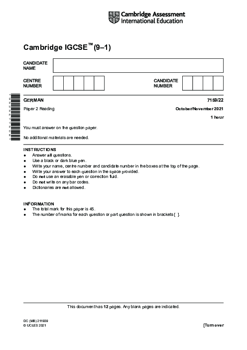 Paper 2, Variant 2, Oct Nov 2021 | Cambridge 9–1 GCSE  German (7159) Past Papers