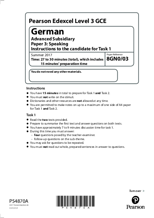  German  8GN0/03 June  2017 | Edexcel  AS Level Past Papers With Mark Scheme