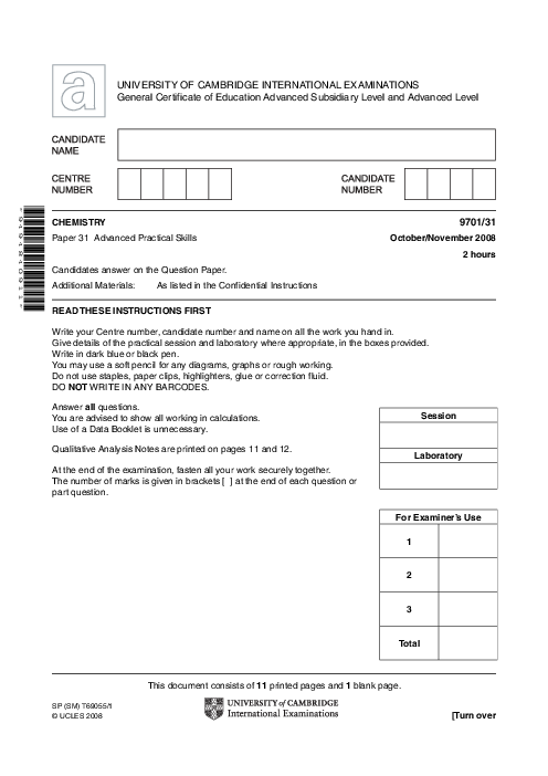 Chemistry 9701/31 Oct Nov 2008 | Cambridge AS Level Past Papers With Mark Scheme