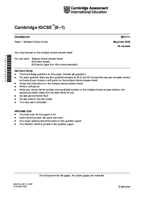 Paper 1, Variant 1, May June 2022 | Cambridge 9–1 GCSE  Chemistry (0971) Past Papers