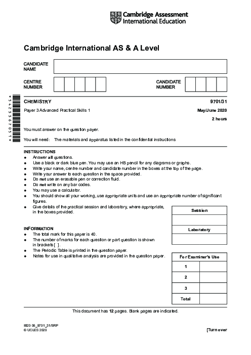 Chemistry 9701/23 May June 2020 | Cambridge AS Level Past Papers With Mark Scheme