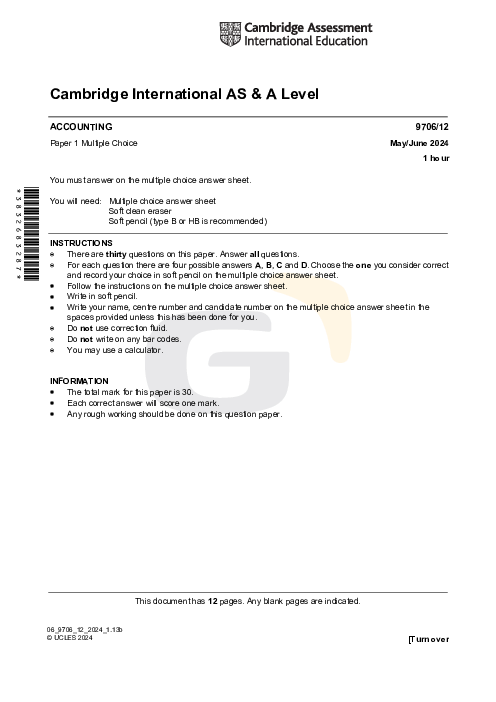 Accounting 9706/12 May June 2024 | Cambridge AS Level Past Papers With Mark Scheme