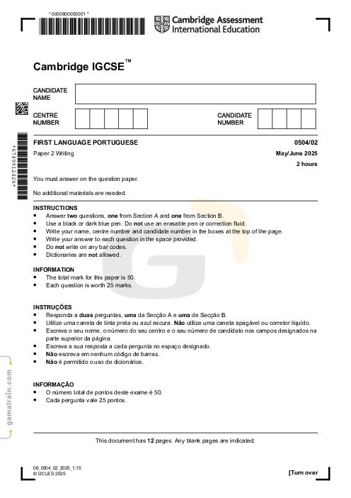 Portuguese First Language 0504/02 May June 2025