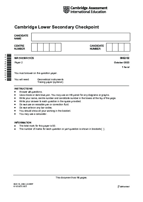 MATHEMATICS 0862,02 October 2023 | Cambridge Lower secondary Checkpoint Past Papers with Mark Schemes