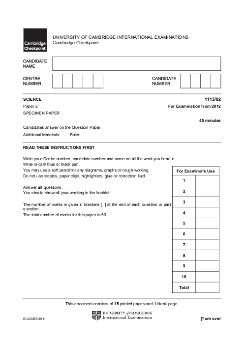 SCIENCE 1113,02 Specimen Paper 2012