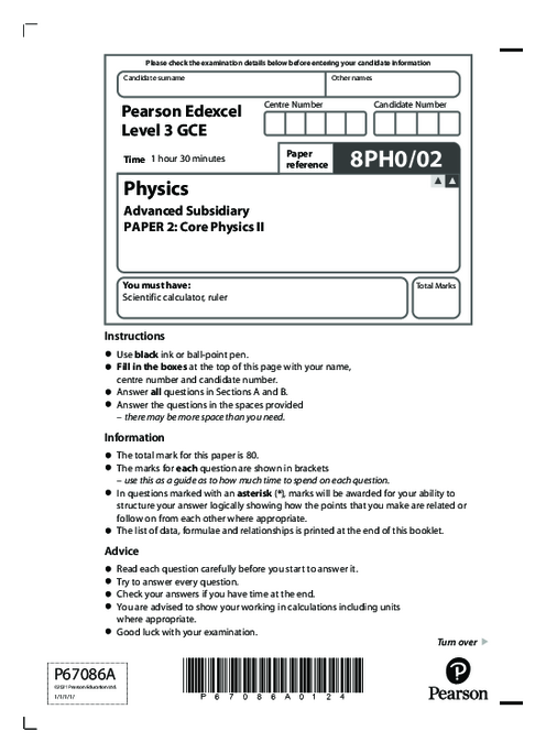   Physics 8PH0/02 November  2021 | Edexcel  AS Level Past Papers With Mark Scheme