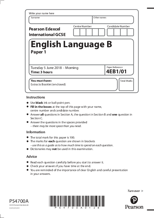 English Language (B) 4EB1/01 June  2018 | Edexcel  IGCSE Past Papers With Mark Scheme