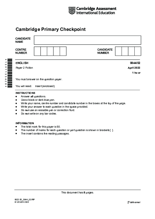 ENGLISH 0844,02 April 2022 | Cambridge Primary Checkpoint Past Papers and Mark Schemes