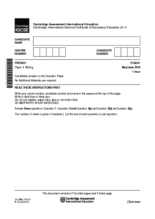  French 7156/41 May June 2019 | Cambridge 9–1 IGCSE Past Papers With Mark Scheme