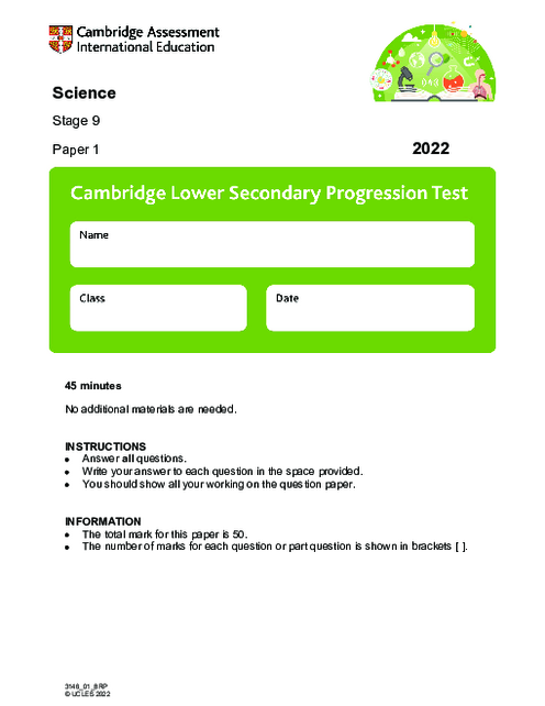 Cambridge Progression Test Stage 9 Science 2022 Paper 1