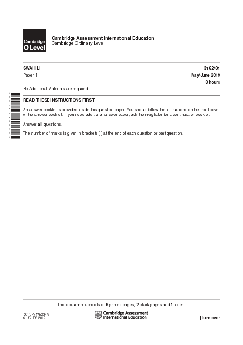 Swahili 3162/01 May June 2019