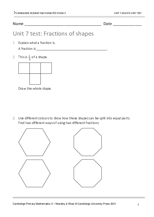 Year 3 Mathematics End of Unit 7 Test - Answers Included