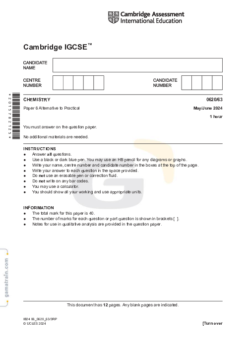 Chemistry 0620/63 May June 2024