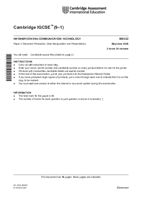  Information and Communication Technology 0983/22 May June 2020 | Cambridge 9–1 IGCSE Past Papers With Mark Scheme