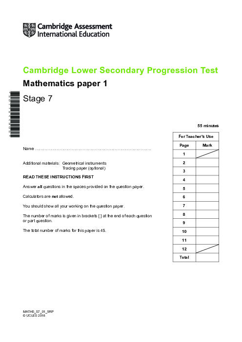 Progression Test Stage 7 Mathematics 2018 Paper 1