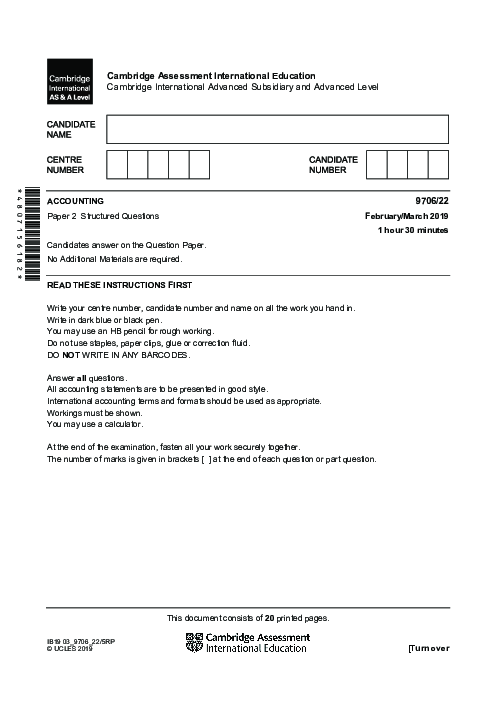 Accounting 9706/23 Oct Nov 2018 | Cambridge AS Level Past Papers With Mark Scheme