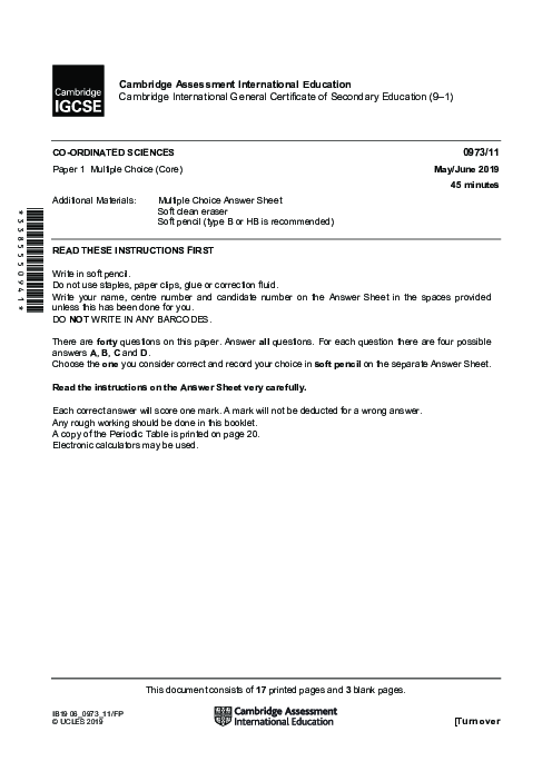 Paper 1, Variant 1, May June 2019 | Cambridge 9–1 GCSE  Sciences - Co-ordinated (0973) Past Papers