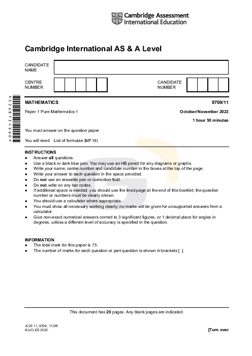 Mathematics 9709/11 Oct Nov 2023 | Cambridge AS & A Level Past Papers With Mark Scheme