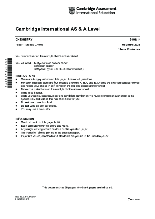 Chemistry 9701/14 May June 2025