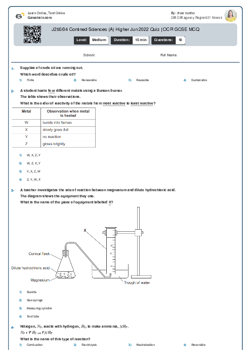 J250/04 Combined Science (A) Foundation Jun 2022 Quiz | OCR GCSE MCQ