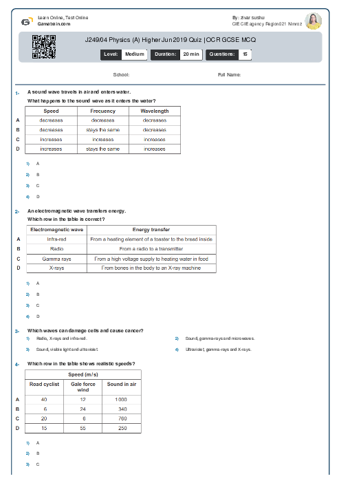  J249/04 Physics (A) Higher Jun 2019 Quiz | OCR GCSE MCQ