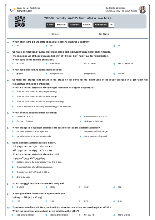 7405/3 Chemistry Jun 2022 Quiz | AQA A Level MCQ