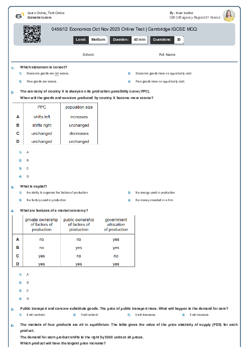0455/12 Economics Oct Nov 2023 Online Test | Cambridge IGCSE MCQ