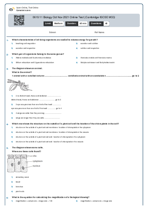 0610/11 Biology Oct Nov 2021 Online Test | Cambridge IGCSE MCQ